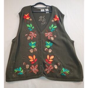 VTG Bobbie Brooks Embroidered Autumn/Fall Acorn Nut Leaves Sweater Vest 26/28W
